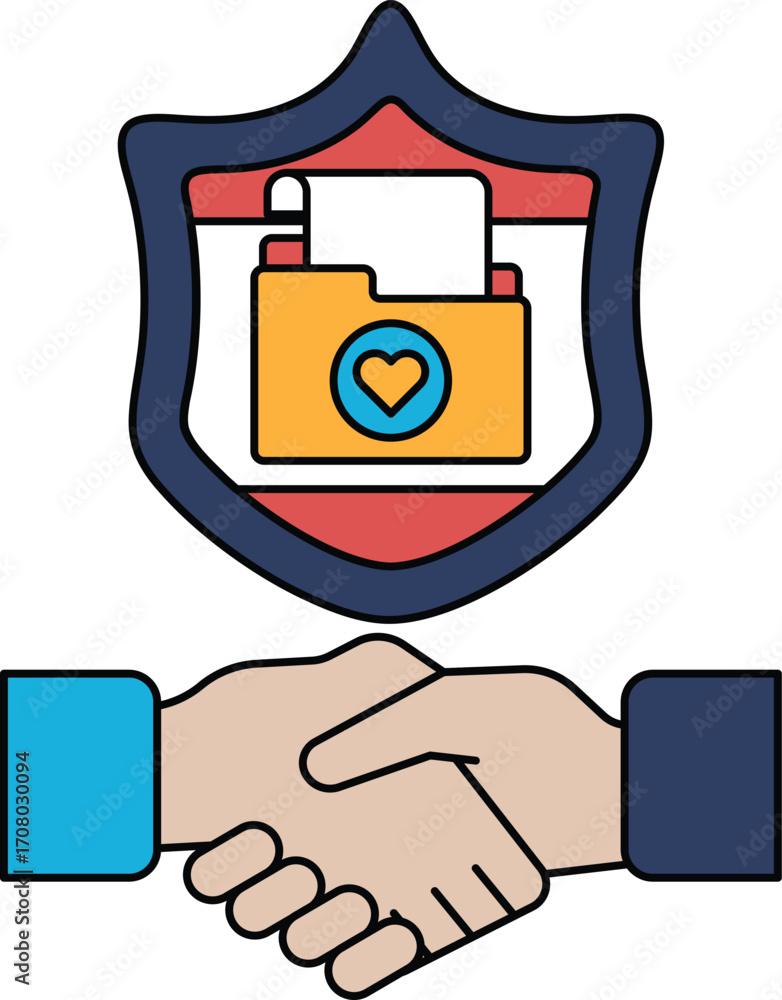Poster a black and white image of two hands shaking with a shield behind them