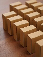 Neat Rows of Cardboard Boxes on Wooden Surface Packaging and Shipping Concept