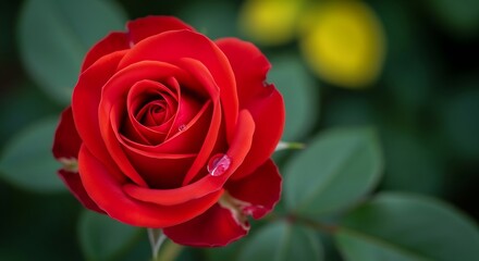 Closeup of a red rose with water droplets on petals and blurred background