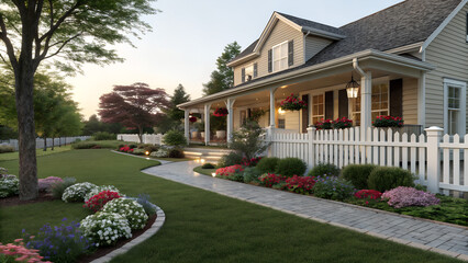 Obraz premium A winding stone path through a lush garden leading to a large house 