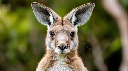 Obraz premium A close-up portrait of a kangaroo featuring its prominent ears and curious expression, ideal for nature publications, educational materials, or wildlife conservation campaigns,