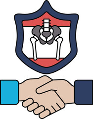 A black and white drawing of two hands shaking hands with a shield behind them