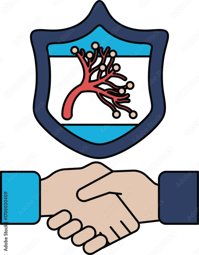 Poster a black and white image of two hands shaking with a shield behind them