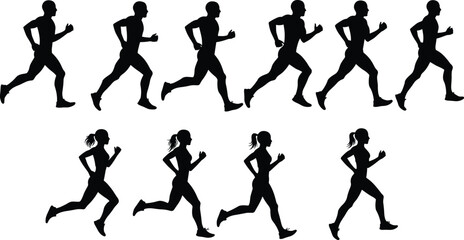 Black silhouettes of man and woman running in dynamic athletic poses, jogging, fitness exercise, healthy lifestyle, isolated on white background, motion and movement concept.