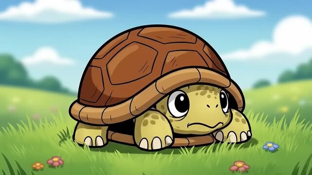 Cartoon turtle hiding in its shell on a sunny day in a vibrant field with flowers and hills