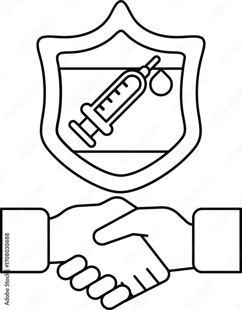 Poster a black and white image of two hands shaking with a shield behind them