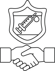 A black and white image of two hands shaking with a shield behind them