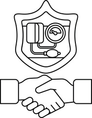 A black and white drawing of two hands shaking hands with a heart