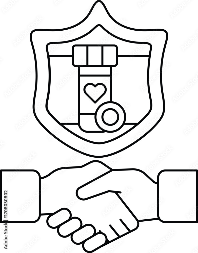 Poster a black and white image of two hands shaking with a shield behind them