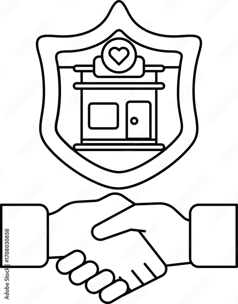Poster a black and white image of two hands shaking with a shield behind them