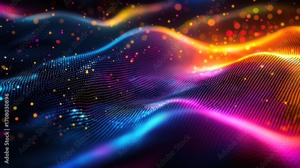 Aufkleber a vibrant digital wave with glowing dots flows dynamically against a dark backdrop,