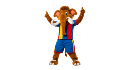 Enthusiastic Brown Mammoth Mascot in Colorful Soccer Uniform Posing with Thumbs Up Gesture
