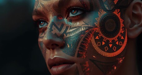 Flaring eyes sparking pulsating tribal tattoos on woman in studio portrait, with glowing filigree - Powered by Adobe