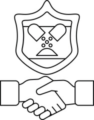 A black and white drawing of two hands shaking hands in front of a shield