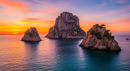 Rocky islands at sunset over a tranquil sea with vibrant sky