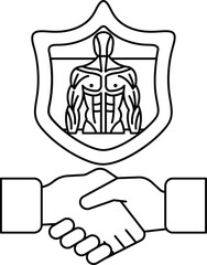 A man and a woman shaking hands with a shield in the background