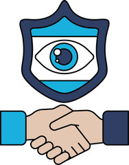 A black and white drawing of two hands shaking hands in front of a shield with a