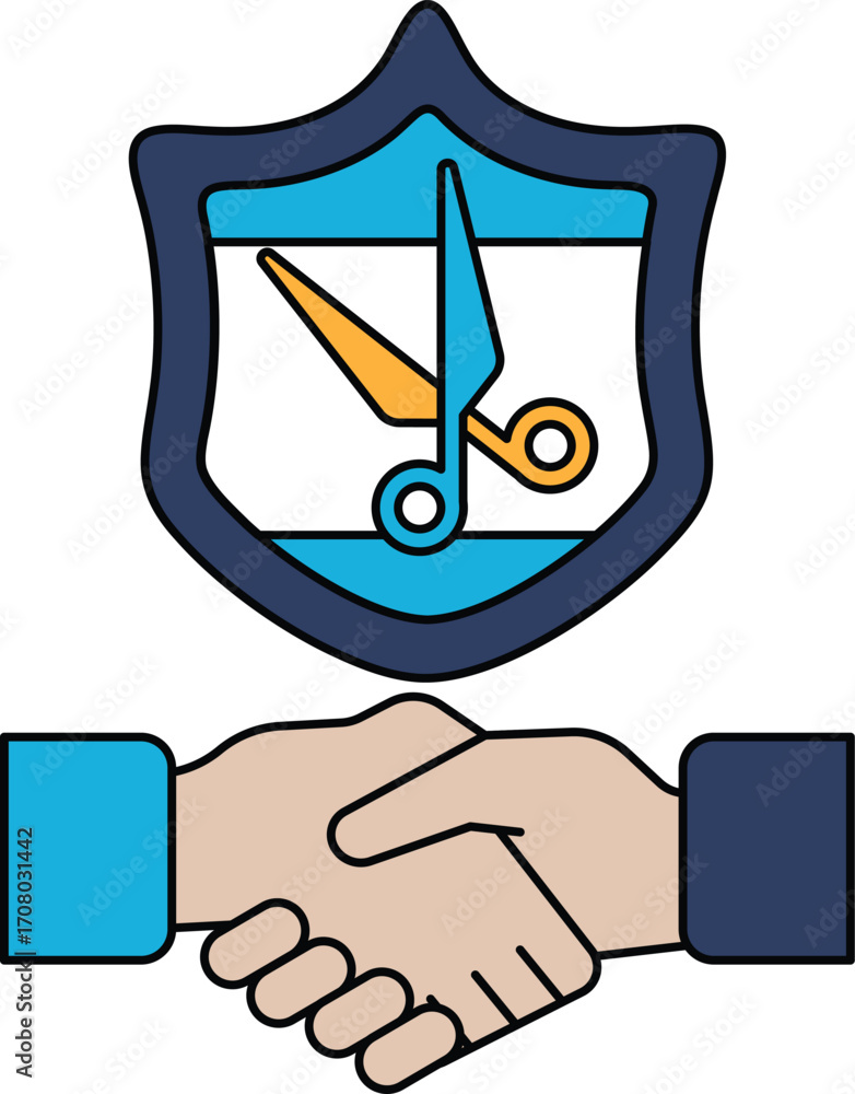 Poster a black and white image of two hands shaking with scissors in the background