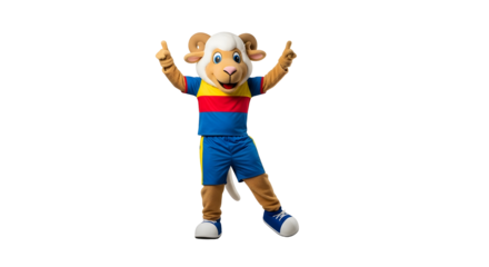 Friendly Ram Mascot with Arms Raised and Cheerful Expression in Vibrant Soccer Uniform