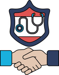 A handshake between two people with a shield behind them