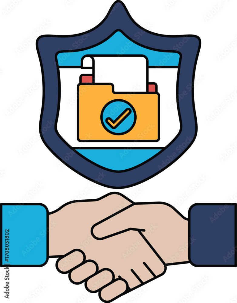 Poster a black and white image of two hands shaking with a shield behind them