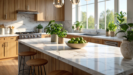 Sunlit Kitchen Interior Design with Island, Wooden Accents and Green Plant Decor