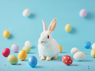 White Rabbit Surrounded by Colorful Easter Eggs on Blue Background