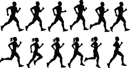 Black silhouettes of man and woman running in various athletic poses, jogging, fitness, exercise, healthy lifestyle, isolated on white background, motion and movement concept.