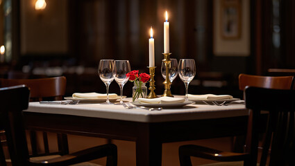 Romantic Table Setting with Candles Wine Glasses and Roses in Dimly Lit Restaurant
