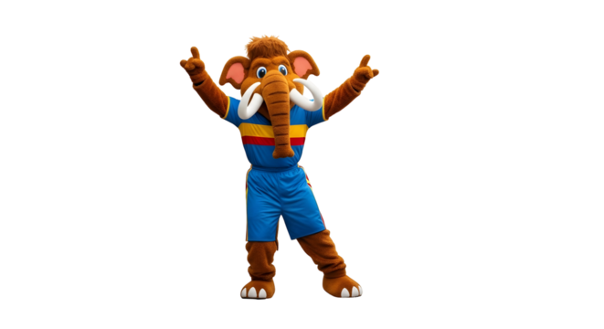 Cheerful elephant mascot character posing with raised arms in a playful gesture against a Transparent background