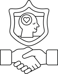A man and a woman shaking hands with a shield behind them