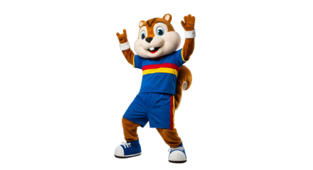 Cheerful Squirrel Mascot in Sports Uniform Posing with Peace Signs and Smiling on Transparent Background