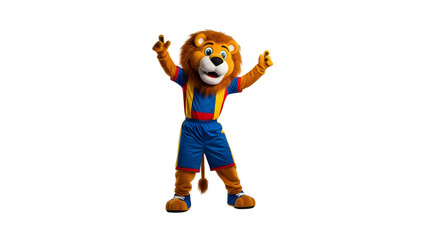 Cheerful lion mascot in vibrant soccer uniform with playful poses, perfect for sports