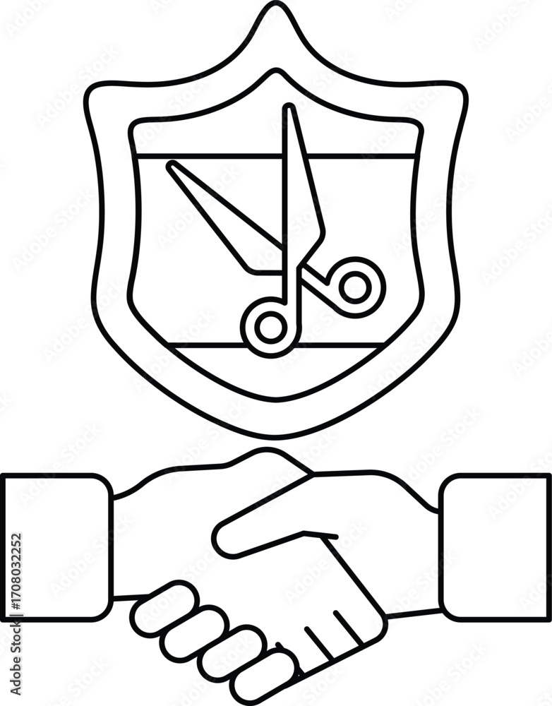Poster a black and white image of two hands shaking with scissors in the background