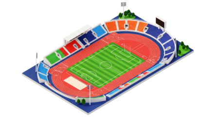 isometric stadium 3d model of a vibrant multipurpose sports arena, isolated on transparent background