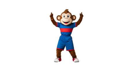 Cheerful monkey mascot in blue uniform raises arms happily on a Transparent background