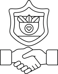 A black and white drawing of two hands shaking hands with a shield behind them