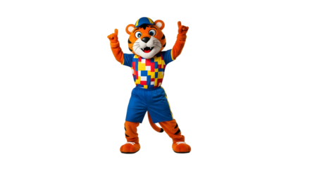 Cheering Tiger Mascot in Colorful Outfit with Arms Raised and a Cheerful Expression on a Transparent