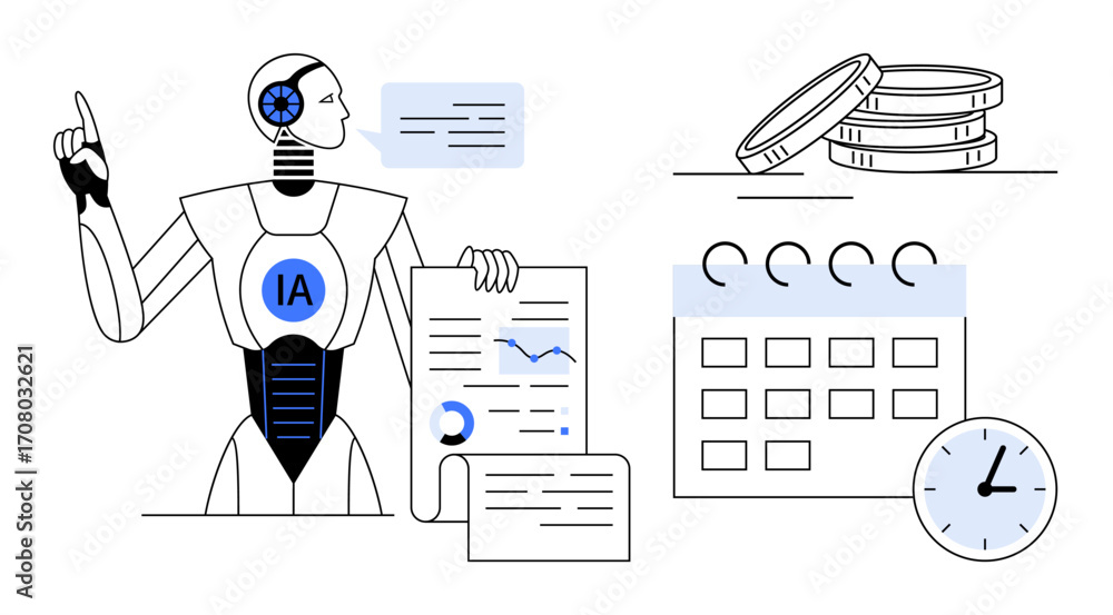 Poster ai-powered robot reviewing data on documents, analyzing charts and schedules. coins, calendar, and c