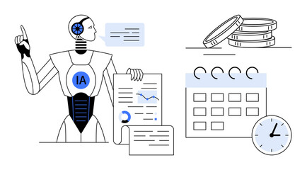 AI-powered robot reviewing data on documents, analyzing charts and schedules. Coins, calendar, and clock emphasize time and financial planning. Ideal for technology, finance, automation, data