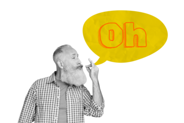 Composite photo collage of positive old man kiss fingers enjoy bliss say phrase oh text box reaction talk isolated on painted background