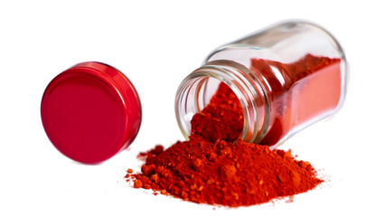Vibrant red powder spilled from a transparent jar on a black surface isolated on transparent background