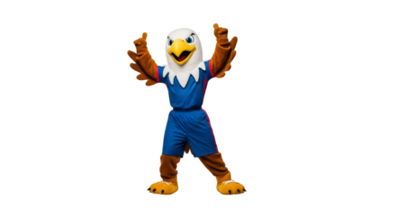 Cheerful Eagle Mascot in a Blue Uniform Posing with Open Arms in a Studio