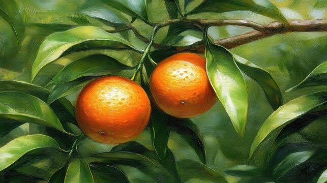 Vibrant oranges hang from a lush green branch, showcasing the beauty of nature, This image is perfect for themes related to fresh produce, healthy eating, gardening, or seasonal decor,