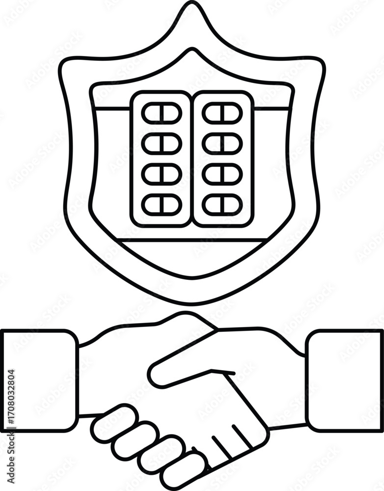 Poster a black and white image of two hands shaking with a shield behind them