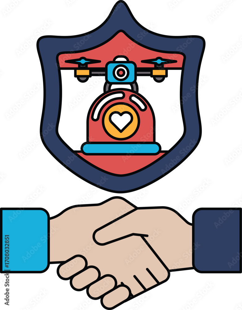 Poster a black and white image of two hands shaking with a shield behind them