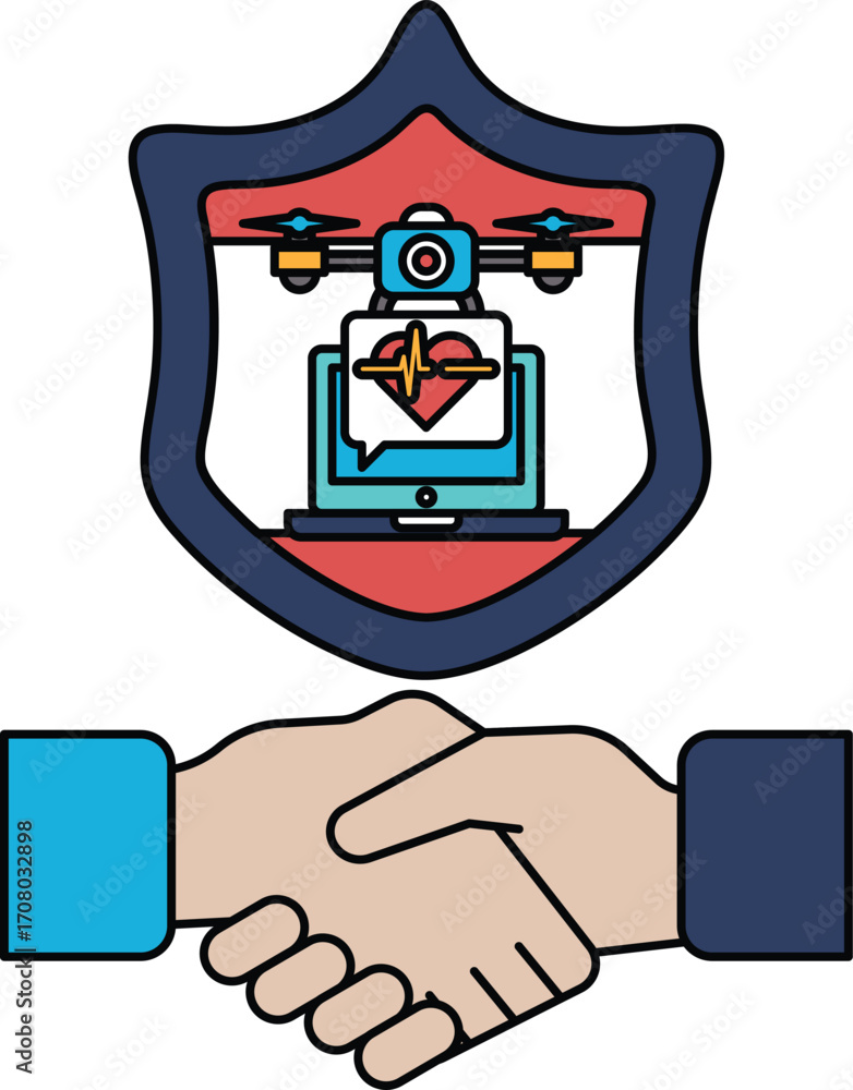 Poster a white and black image of two hands shaking with a shield behind them