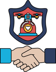 A black and white image of two hands shaking with a shield behind them