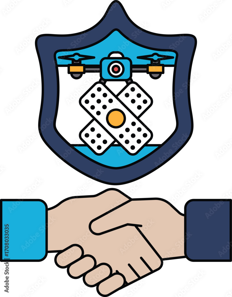 Poster a white and black image of two hands shaking with a shield in the background