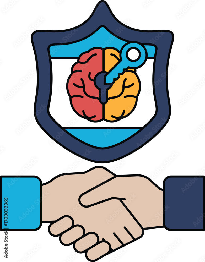 Poster a black and white image of two hands shaking with a key on the shield